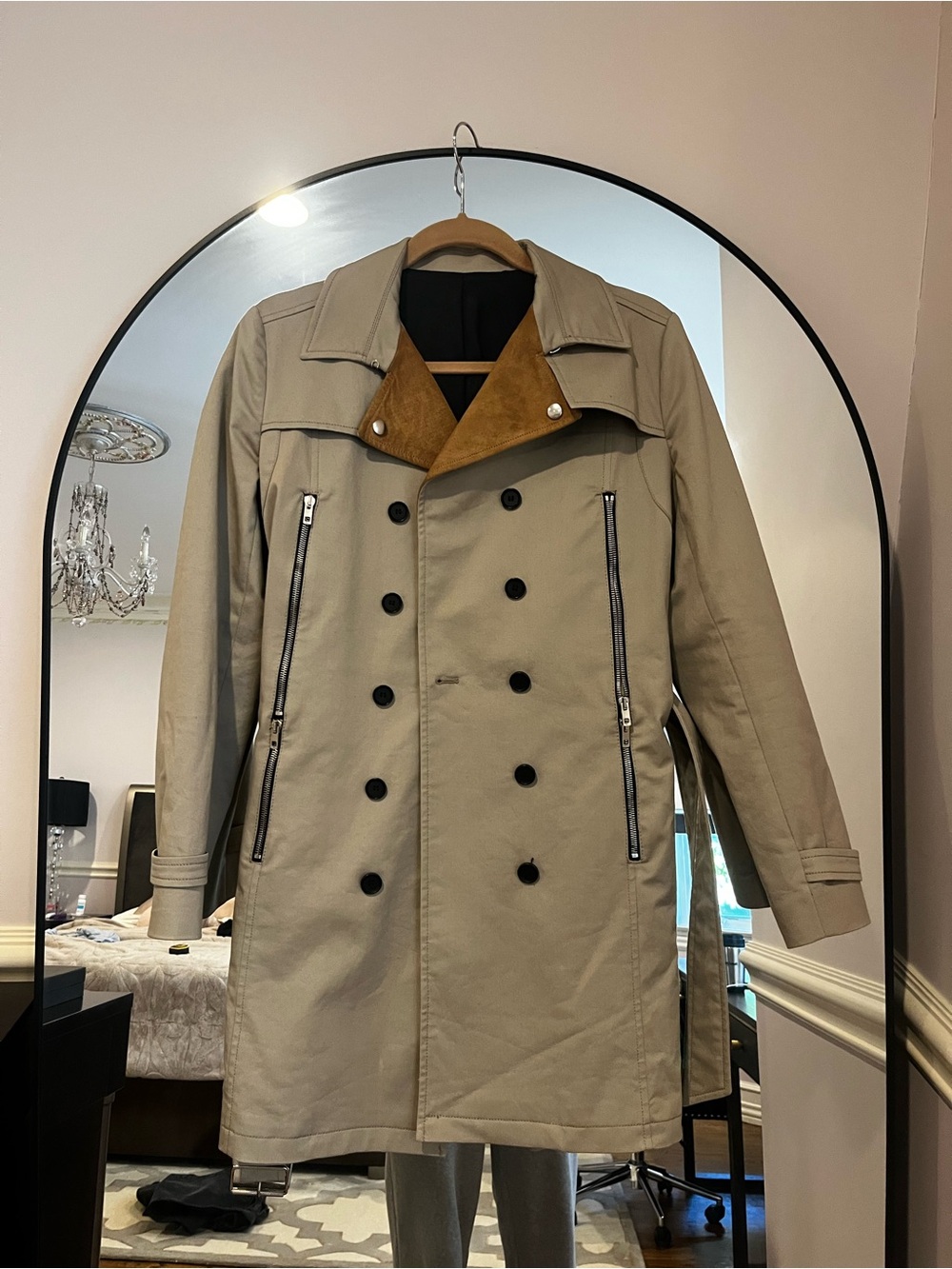 The Kooples Beige Trench Coat with Brown Suede Collar (SZ 38)